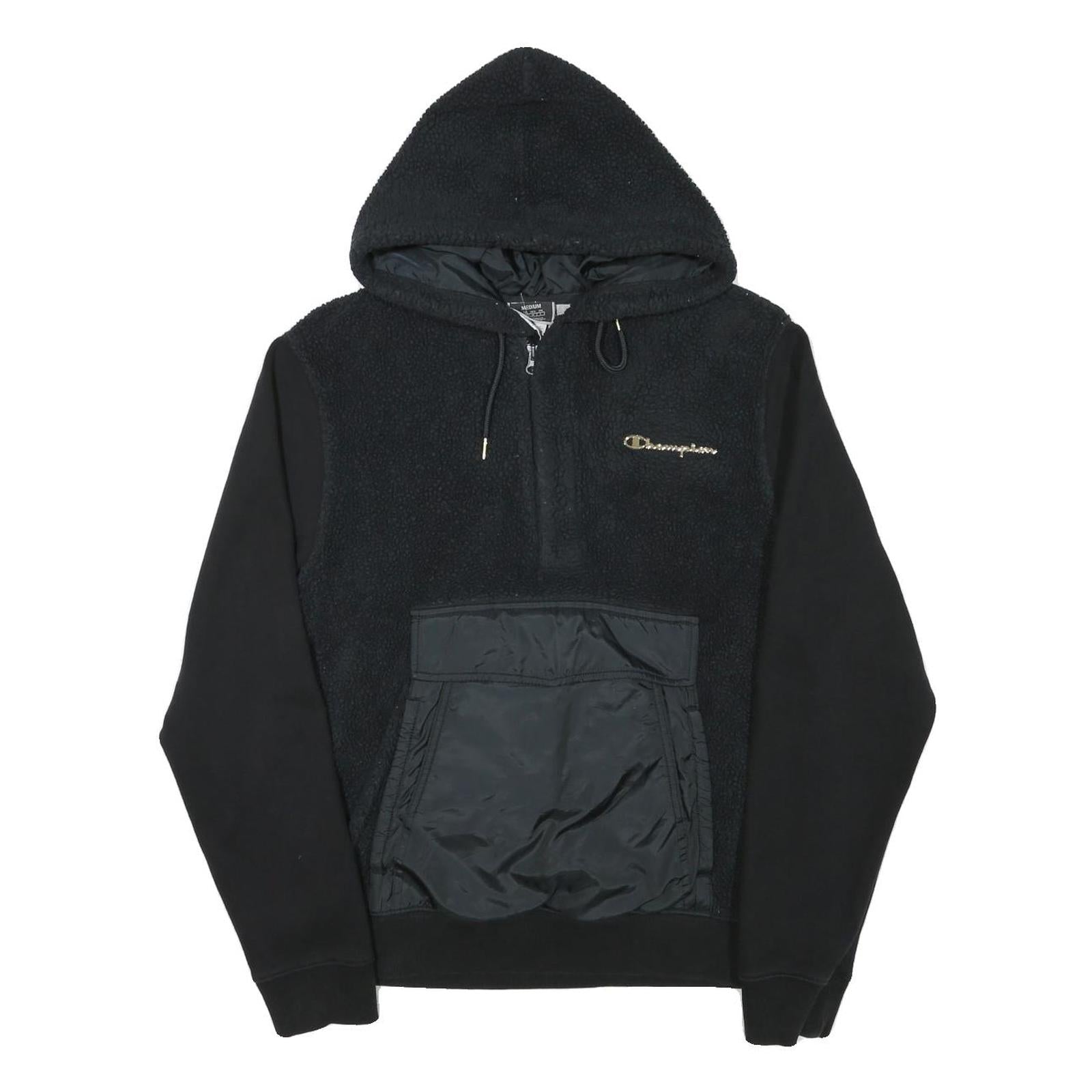 CHAMPION Mens Black Polyester Blend Quarter Zip Hoodie M Sherpa Style Pocket
