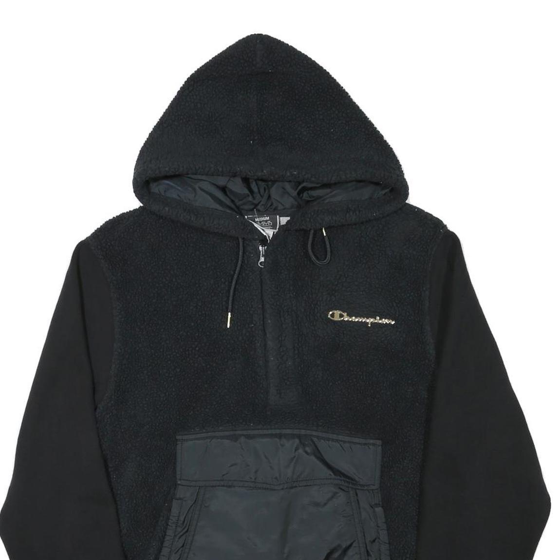 CHAMPION Mens Black Polyester Blend Quarter Zip Hoodie M Sherpa Style Pocket