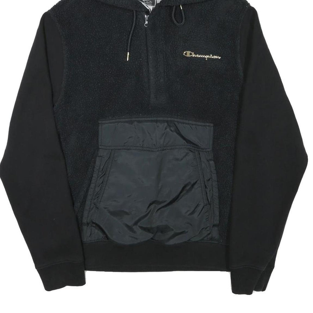 CHAMPION Mens Black Polyester Blend Quarter Zip Hoodie M Sherpa Style Pocket