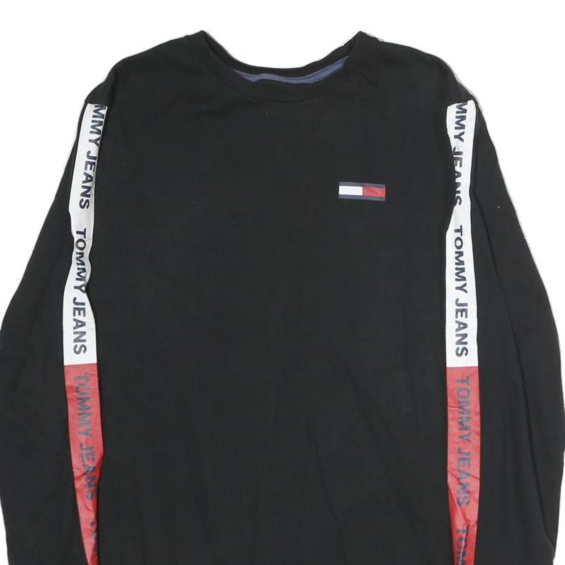 TOMMY JEANS Mens Black Crew Neck Long Sleeve T-Shirt S Logo Stripe