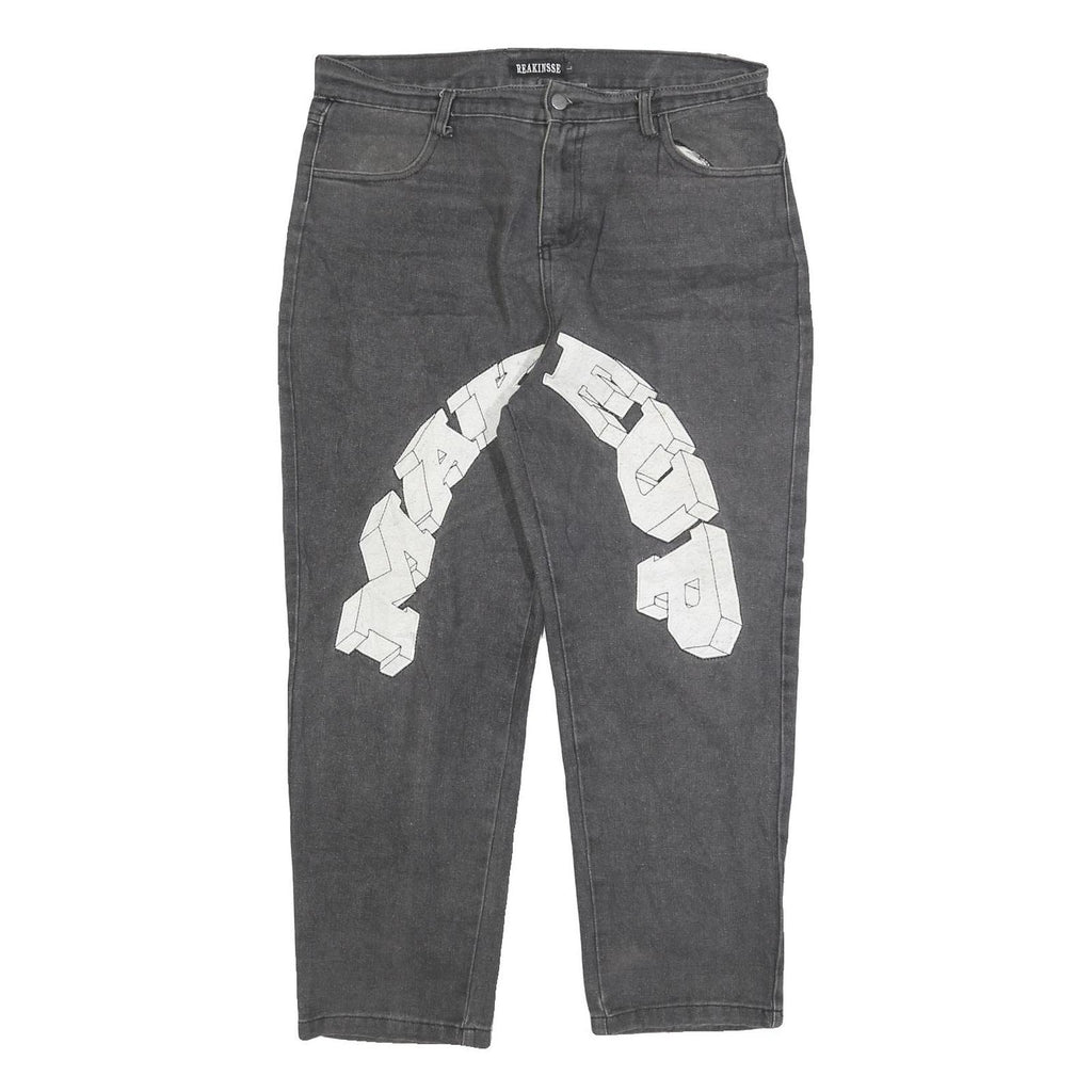 REAKINESSE Womens Regular Fit Grey Denim Zip Jeans W36 L26 Star Patchwork