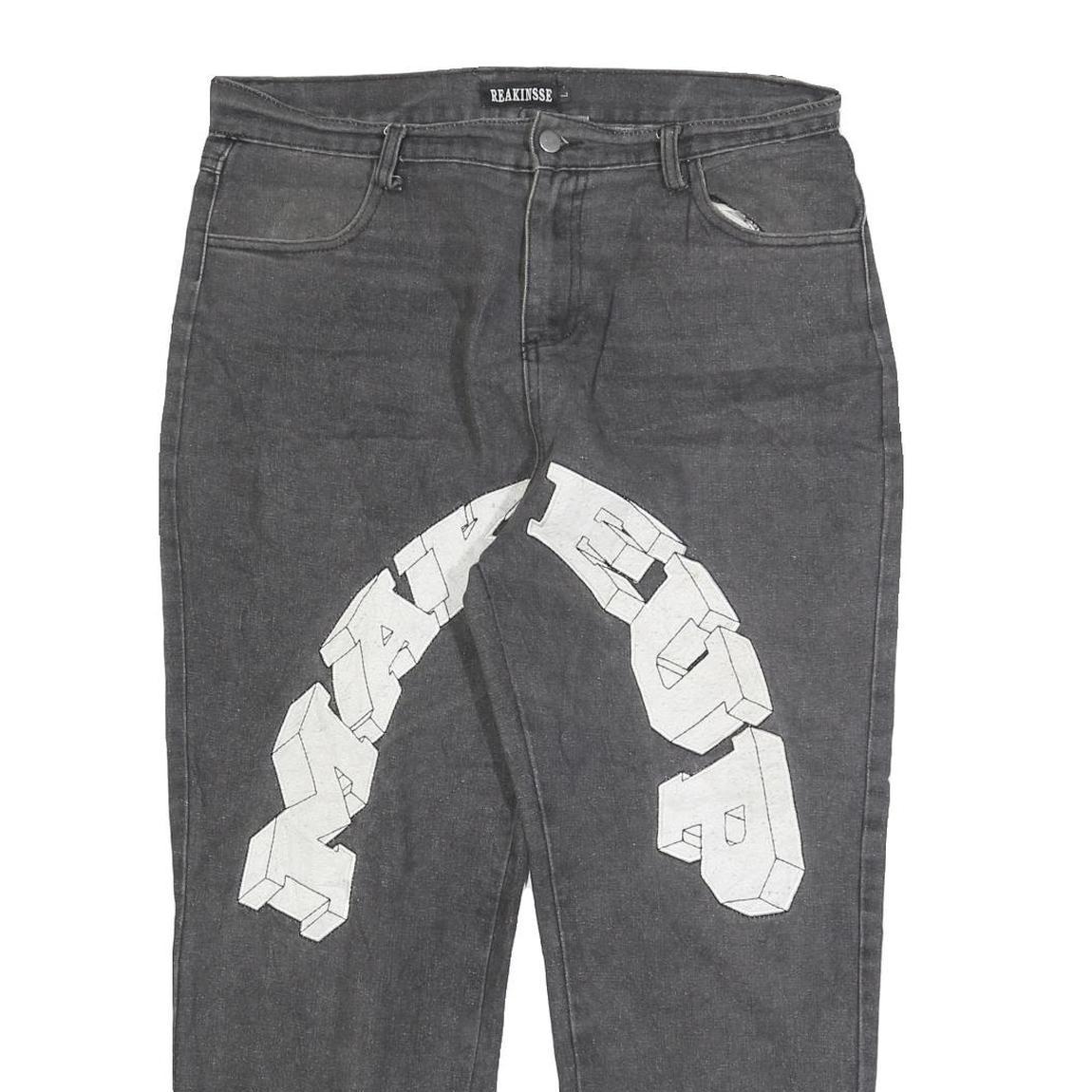 REAKINESSE Womens Regular Fit Grey Denim Zip Jeans W36 L26 Star Patchwork