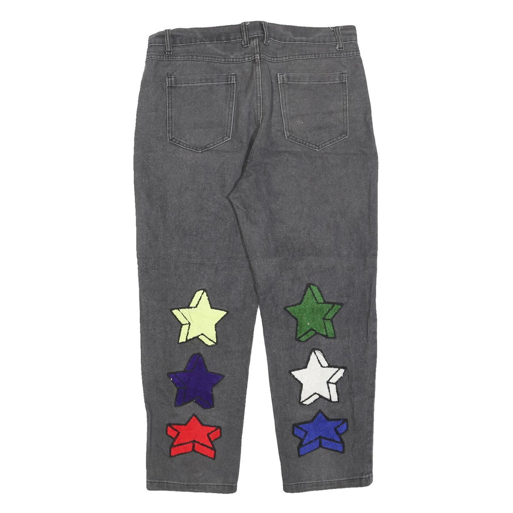 REAKINESSE Womens Regular Fit Grey Denim Zip Jeans W36 L26 Star Patchwork