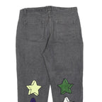 REAKINESSE Womens Regular Fit Grey Denim Zip Jeans W36 L26 Star Patchwork