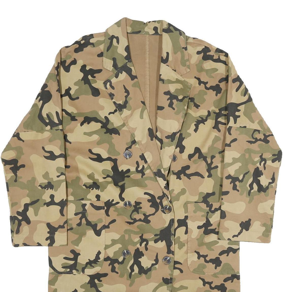 Womens Beige Green Camouflage Button Jacket L Cotton Blend Casual Patterned