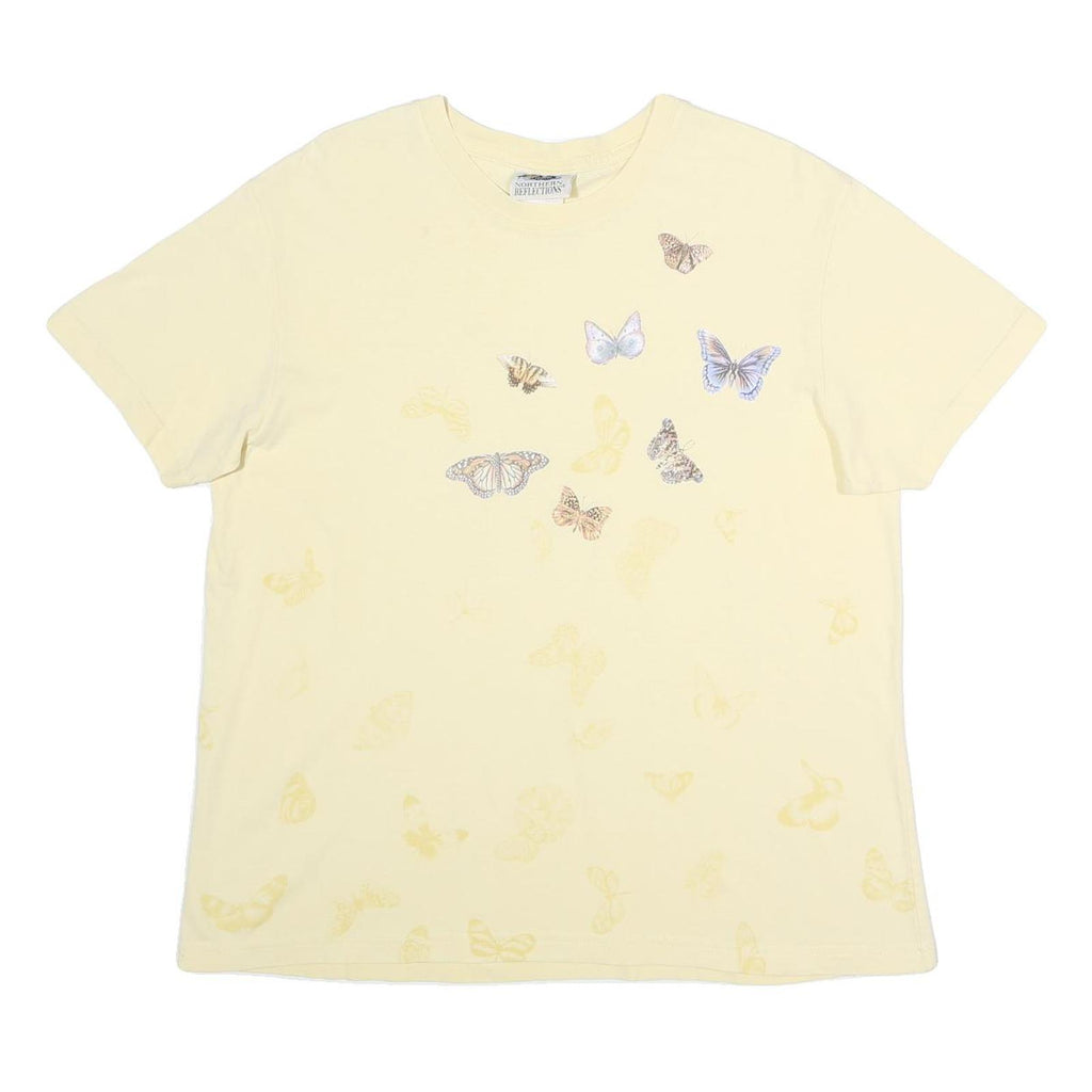 NORTHERN REFLECTIONS Womens Cream Butterfly Graphic T-Shirt L Short Sleeve Crew