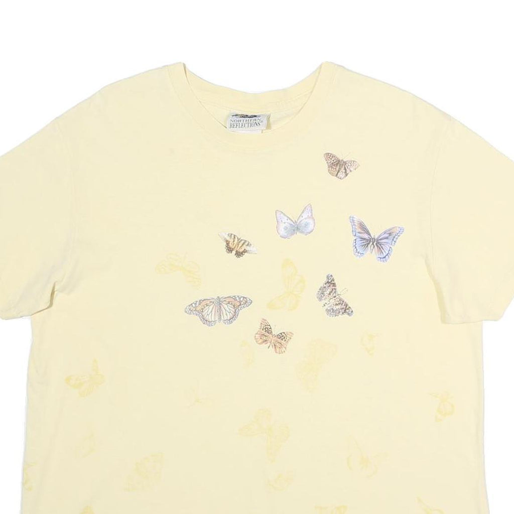 NORTHERN REFLECTIONS Womens Cream Butterfly Graphic T-Shirt L Short Sleeve Crew