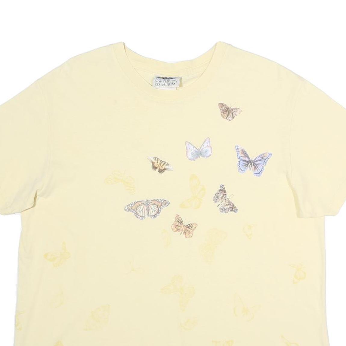 NORTHERN REFLECTIONS Womens Cream Butterfly Graphic T-Shirt L Short Sleeve Crew