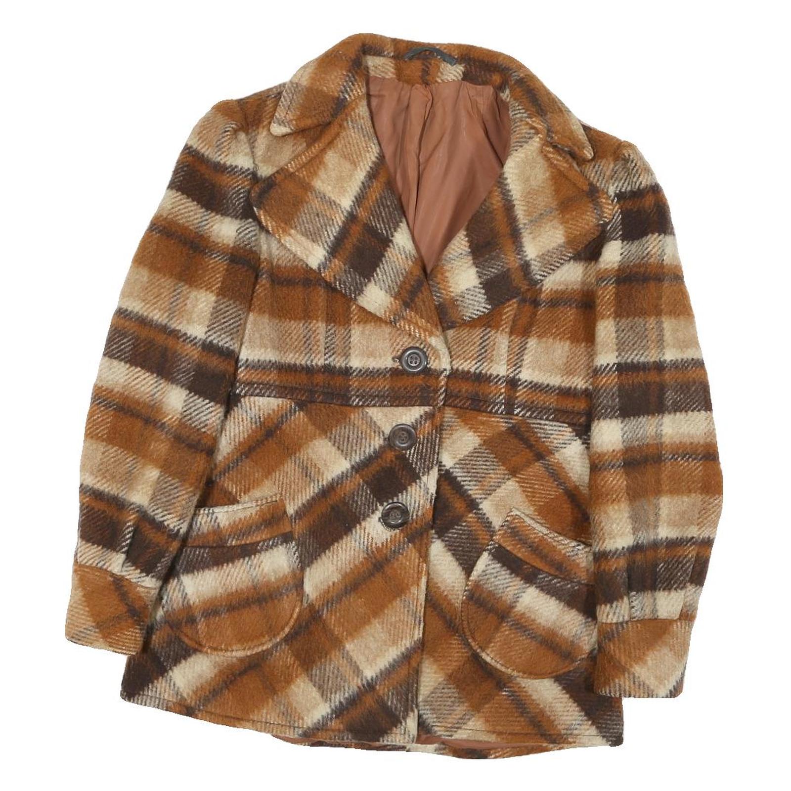 Womens Brown Beige Check Button Cotton Blend Jacket M Casual Stylish Outerwear