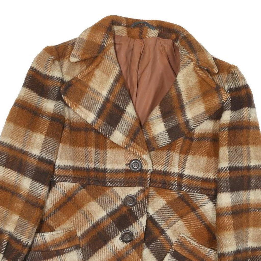 Womens Brown Beige Check Button Cotton Blend Jacket M Casual Stylish Outerwear