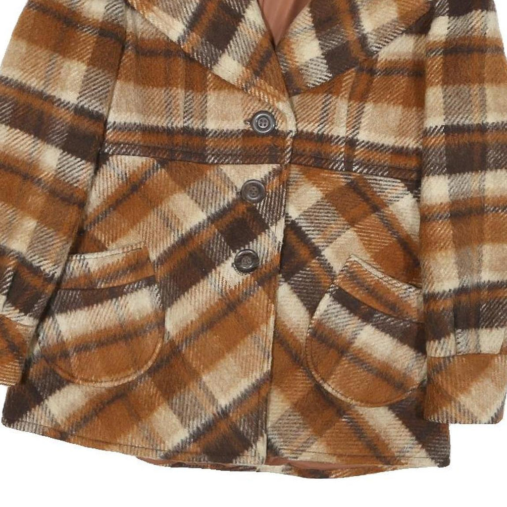 Womens Brown Beige Check Button Cotton Blend Jacket M Casual Stylish Outerwear