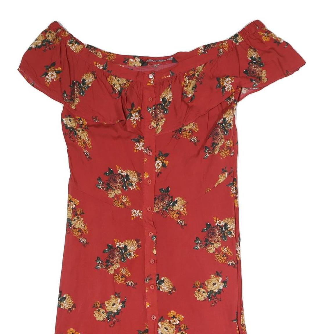 ZARA Womens Red Floral Off Shoulder Short Sleeve Button Neck Top S Floral Print