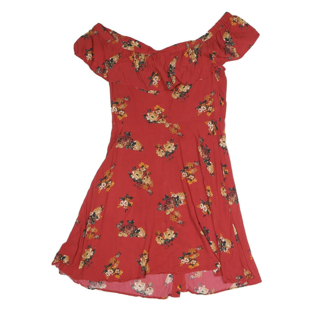 ZARA Womens Red Floral Off Shoulder Short Sleeve Button Neck Top S Floral Print