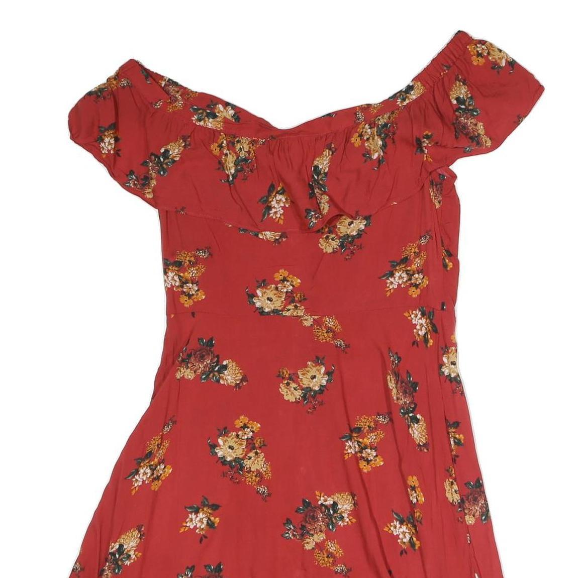 ZARA Womens Red Floral Off Shoulder Short Sleeve Button Neck Top S Floral Print