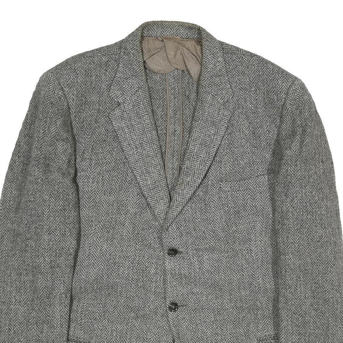 Mens Grey Herringbone Classic Jacket L Cotton Blend Button Closure Tailored