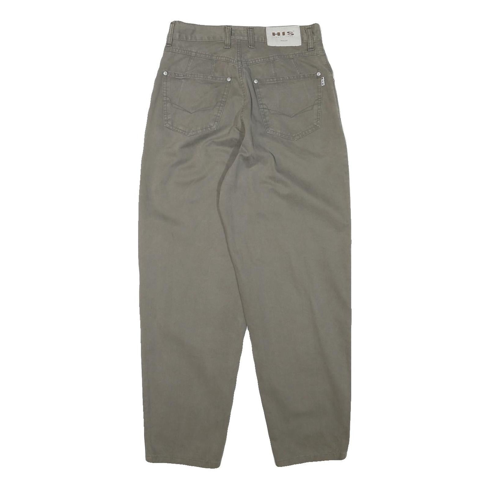 HIS Womens Cotton Blend Khaki Relaxed Tapered Trousers W26 L27 Casual Fit Zip
