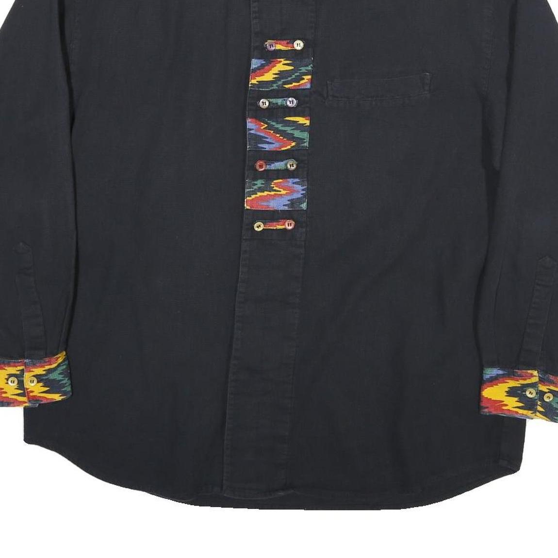 ALBA MODA Mens Black Cotton Blend Shirt M Colourful Patterned Trim Casual Long