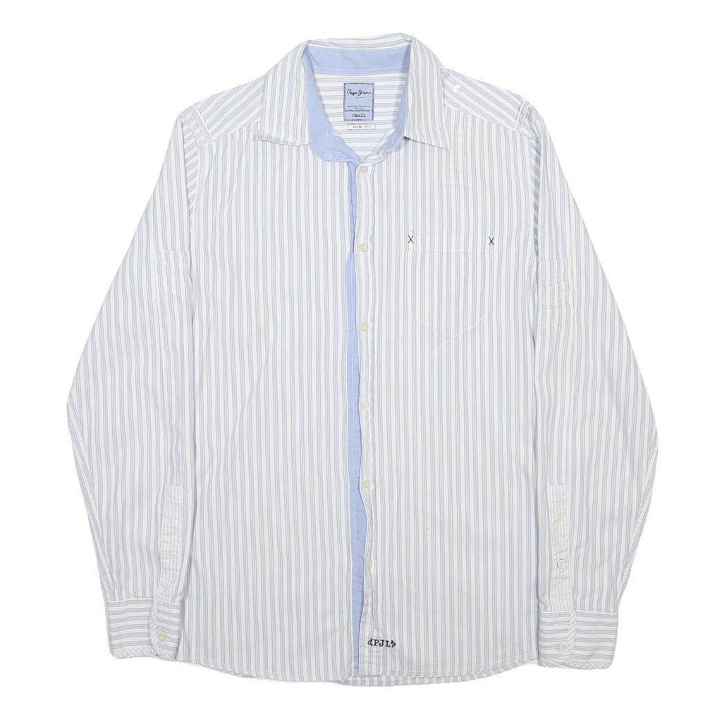 PEPE JEANS Mens White & Blue Striped Cotton Shirt S Slim Fit Casual Shirt
