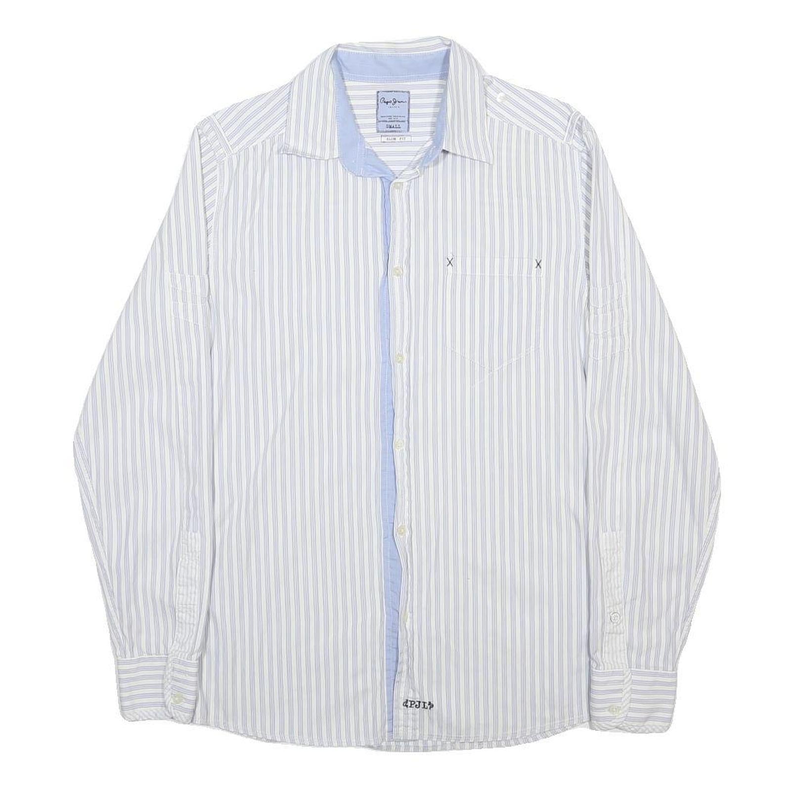 PEPE JEANS Mens White & Blue Striped Cotton Shirt S Slim Fit Casual Shirt