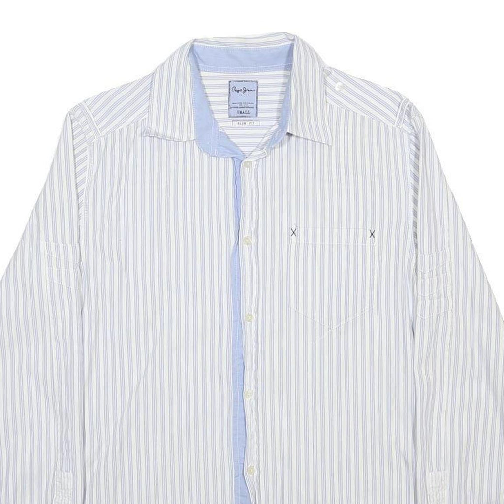PEPE JEANS Mens White & Blue Striped Cotton Shirt S Slim Fit Casual Shirt