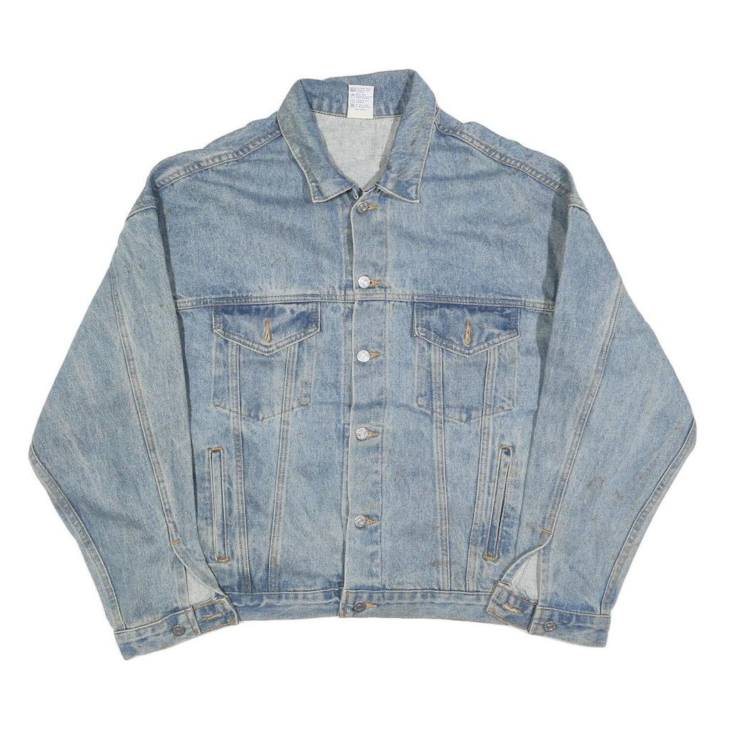 Mens Blue Denim Cotton Blend Button Jacket L Gstaad Embroidered Back Casual
