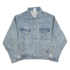 Mens Blue Denim Cotton Blend Button Jacket L Gstaad Embroidered Back Casual