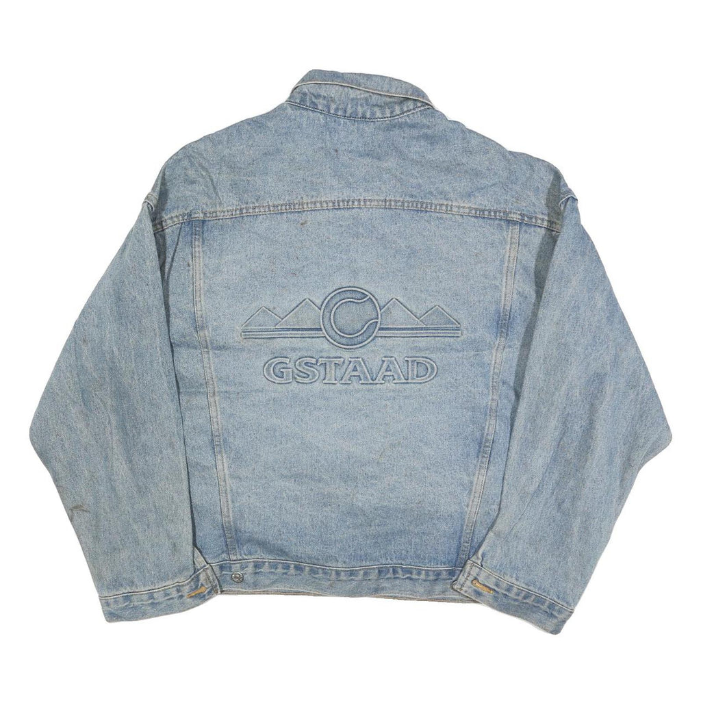 Mens Blue Denim Cotton Blend Button Jacket L Gstaad Embroidered Back Casual