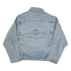 Mens Blue Denim Cotton Blend Button Jacket L Gstaad Embroidered Back Casual