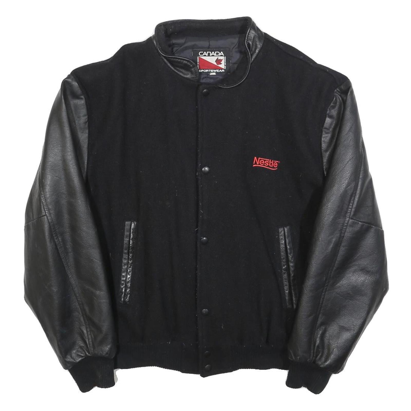 CANADA SPORTSWEAR Mens Black Wool Blend Button Jacket L Leather Sleeves Nestle