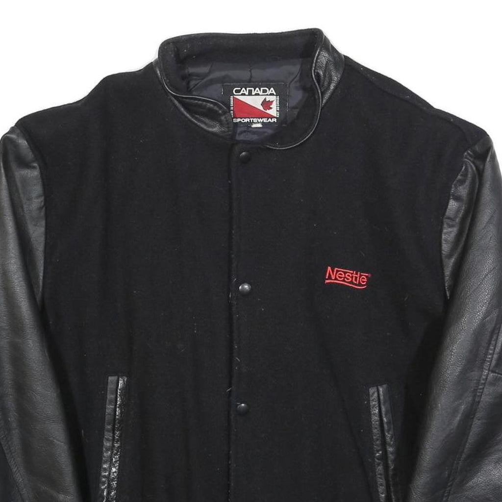 CANADA SPORTSWEAR Mens Black Wool Blend Button Jacket L Leather Sleeves Nestle