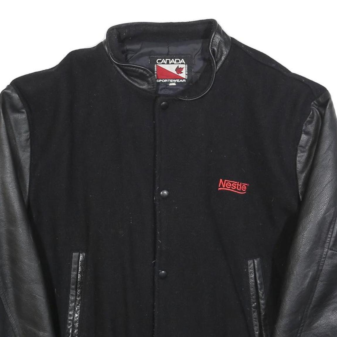 CANADA SPORTSWEAR Mens Black Wool Blend Button Jacket L Leather Sleeves Nestle