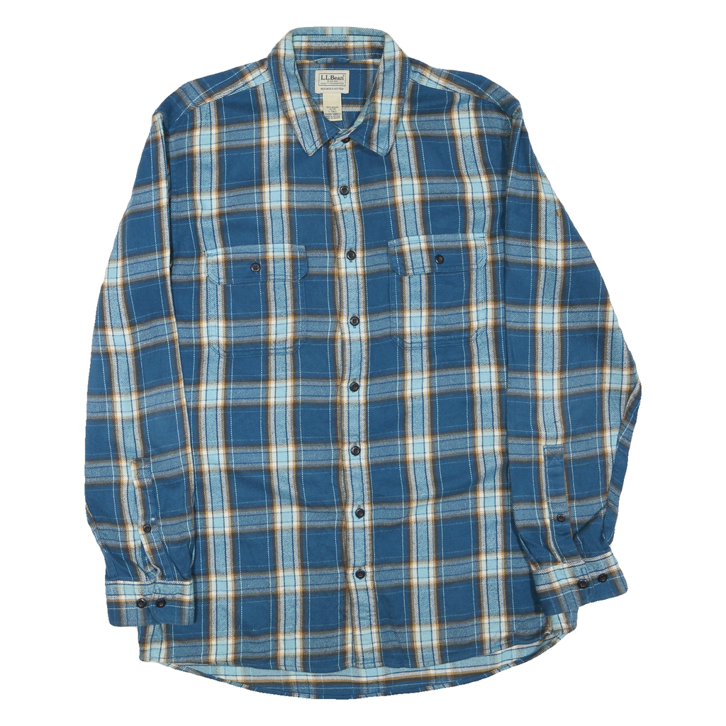 LL BEAN Mens Blue & Beige Checked Shirt L Cotton Blend Casual Button Up