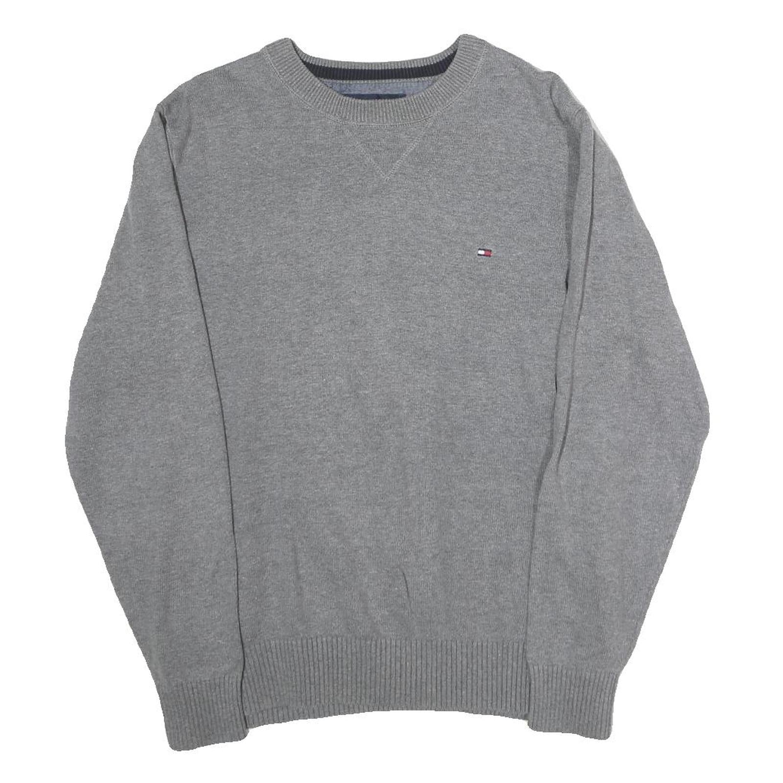 TOMMY HILFIGER Mens Grey Plain Cotton Crew Neck Basic Knit Jumper M Classic