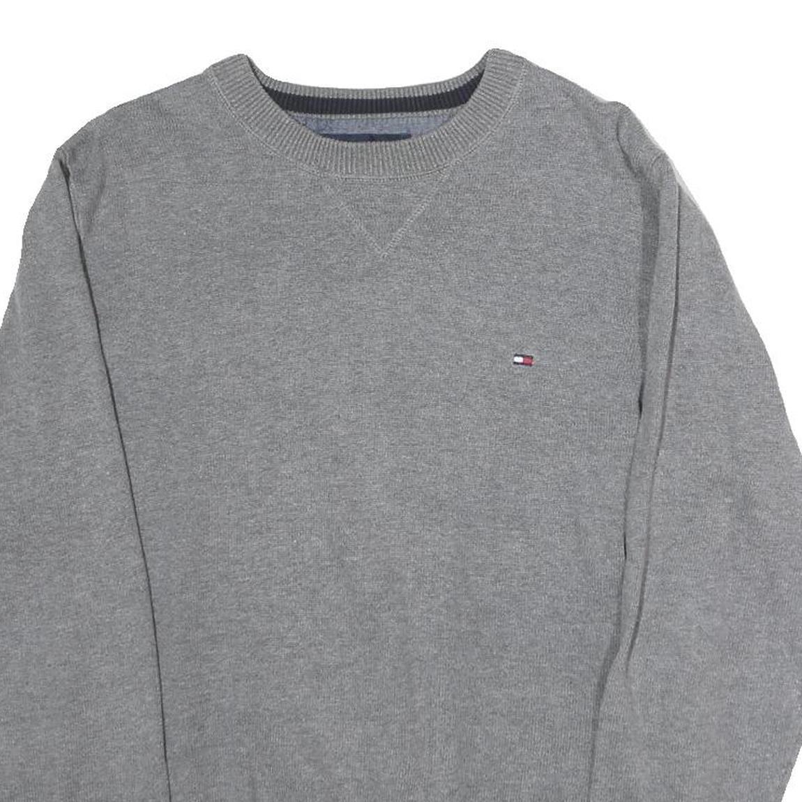 TOMMY HILFIGER Mens Grey Plain Cotton Crew Neck Basic Knit Jumper M Classic