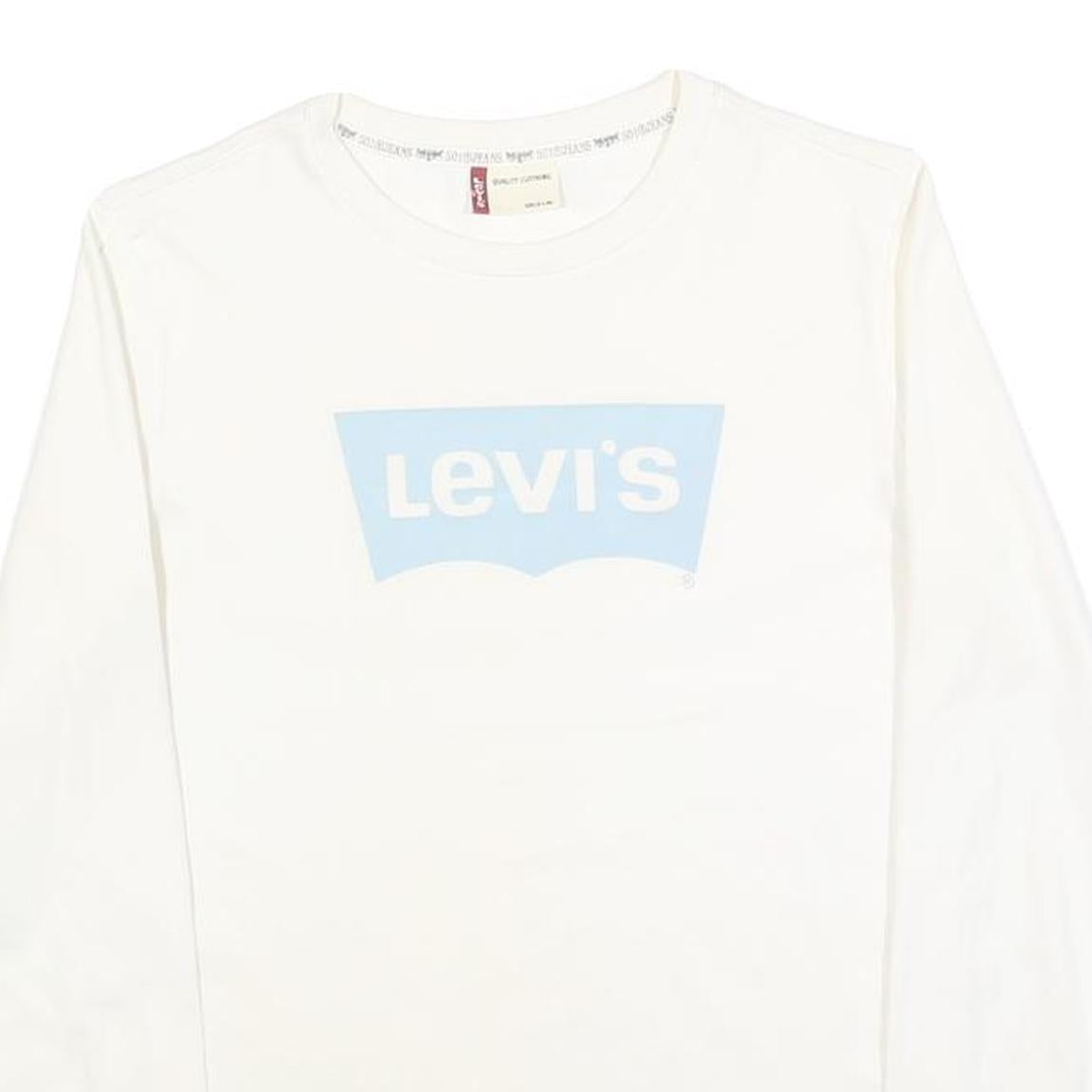 LEVI'S Girls White Blue Logo T-Shirt L Long Sleeve Crew Neck Casual Cotton