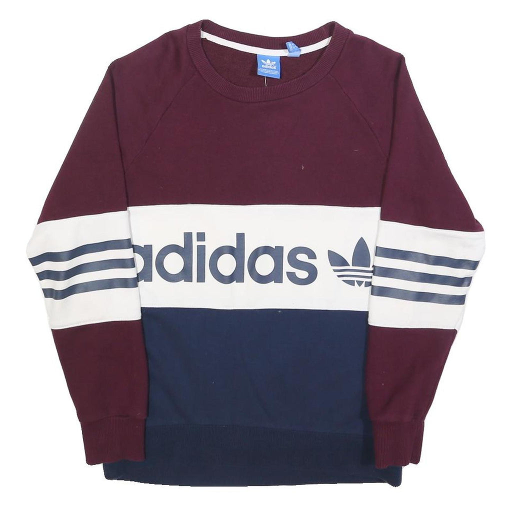 ADIDAS Womens Maroon & White & Navy Sweatshirt Crew Neck UK 6 Cotton Blend