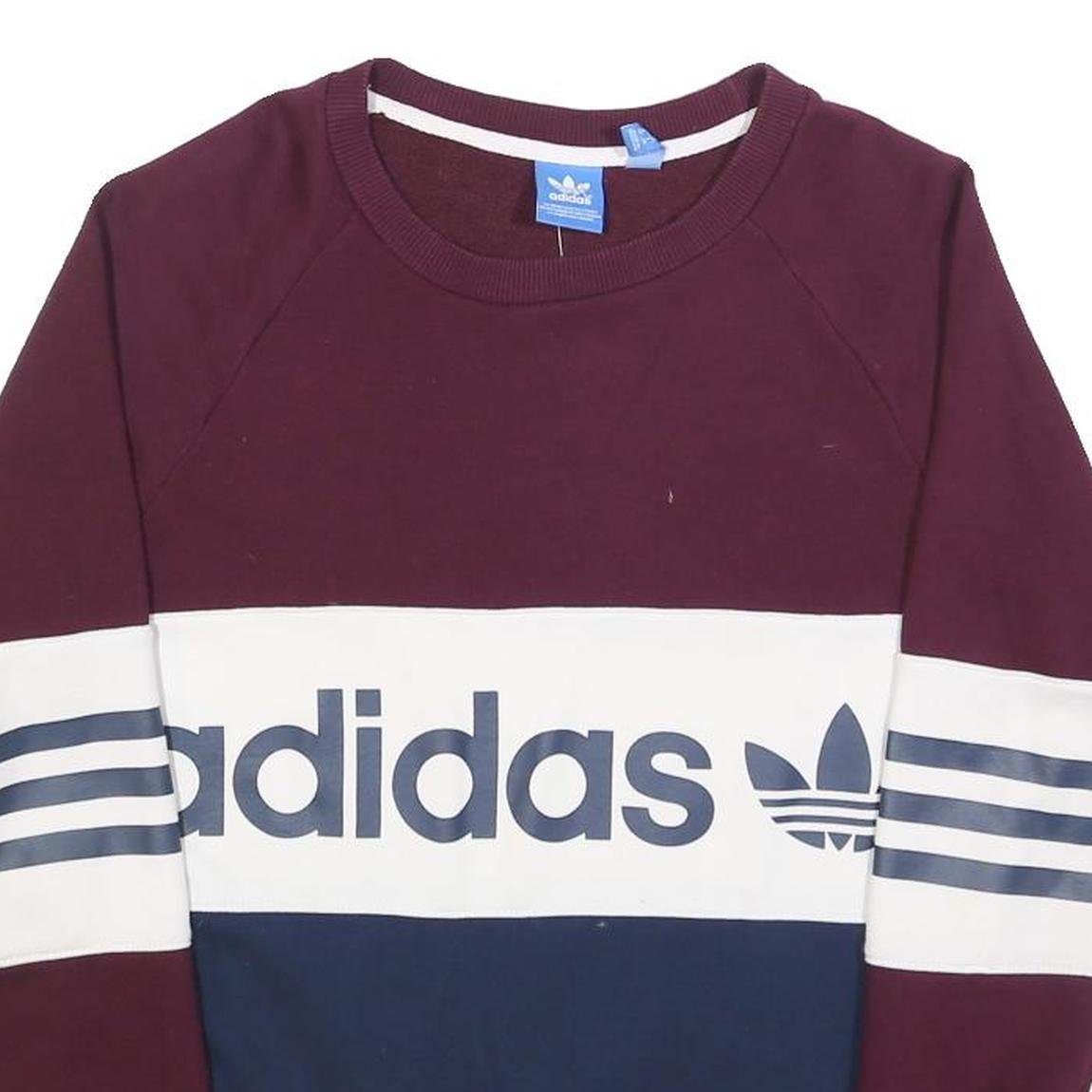 ADIDAS Womens Maroon & White & Navy Sweatshirt Crew Neck UK 6 Cotton Blend