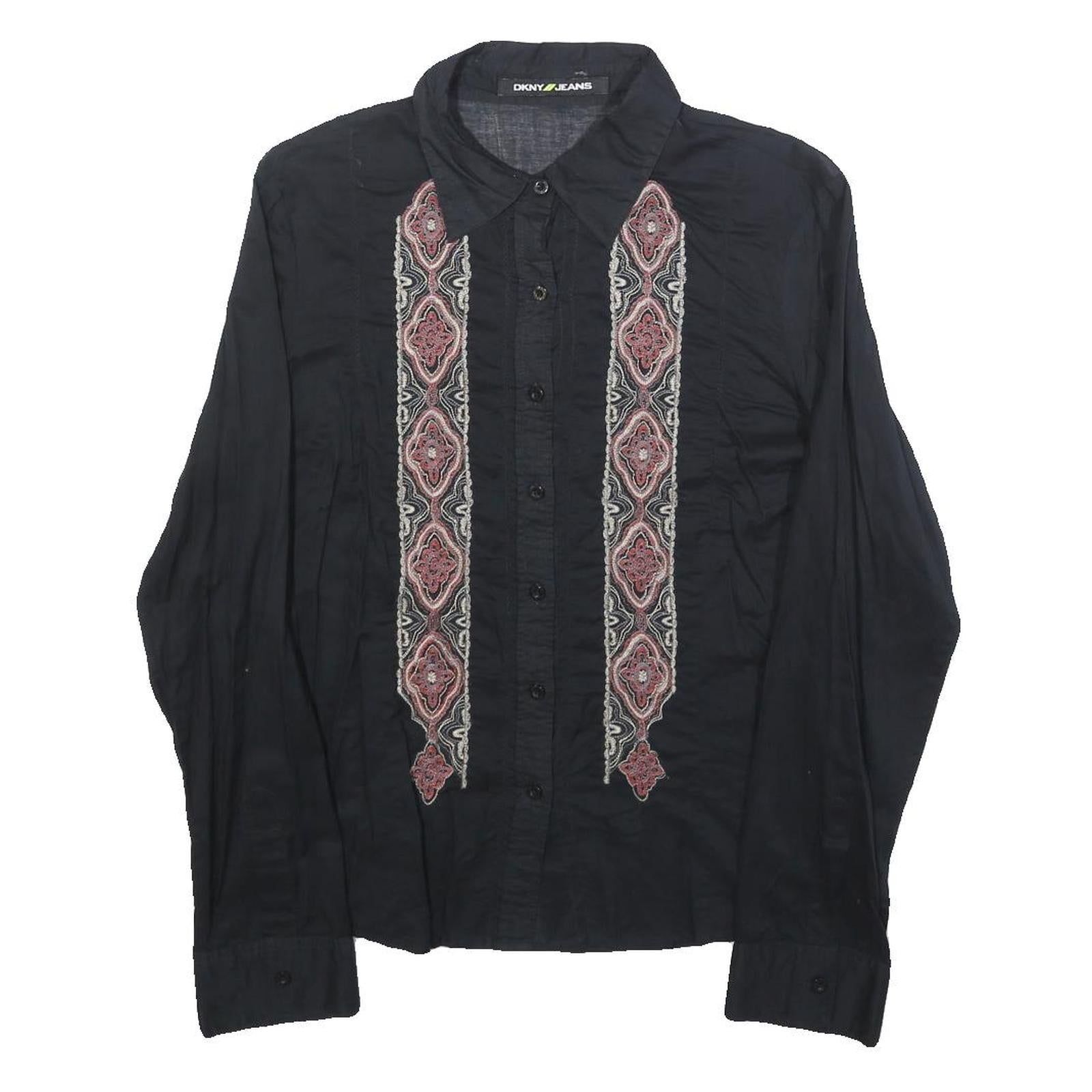 DKNY Womens Black Shirt L Cotton Embroidered Casual Long Sleeve
