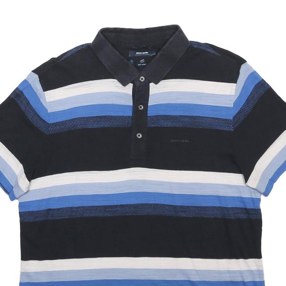 PIERRE CARDIN Mens Black & Blue & White Striped Short Sleeve Polo Shirt M Cotton