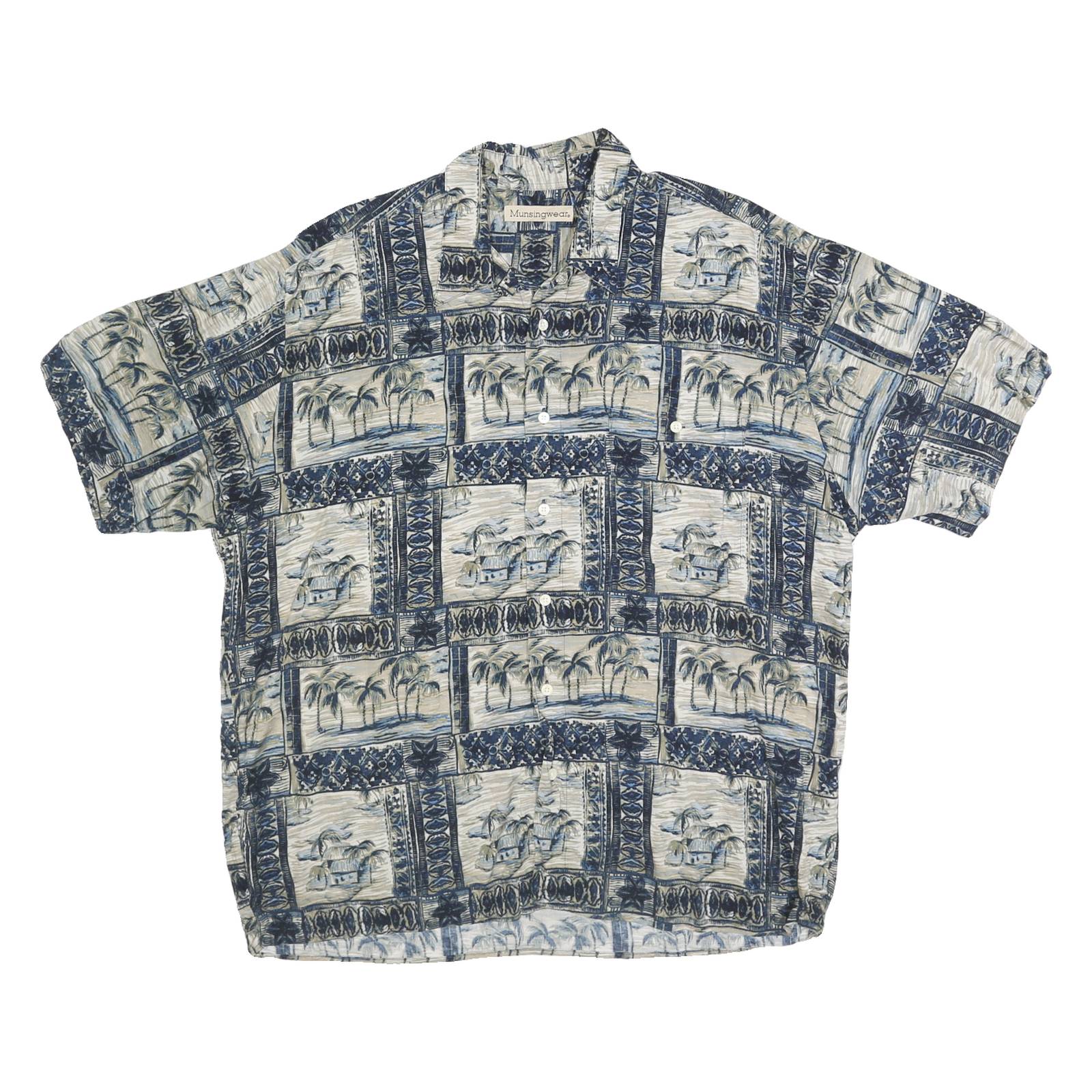 MUSINGWEAR Mens Blue Rayon Hawaiian Shirt XL Tropical Print Island Theme
