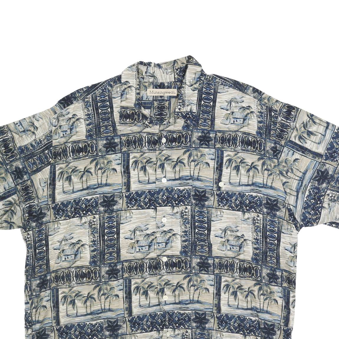 MUSINGWEAR Mens Blue Rayon Hawaiian Shirt XL Tropical Print Island Theme
