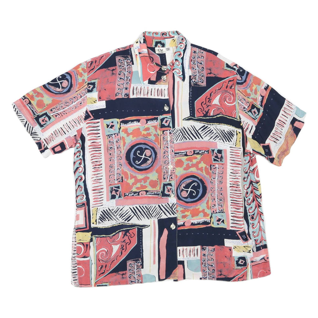 CV Womens Navy & Coral Artistic Print Shirt XL Button Down Short Sleeve Summer