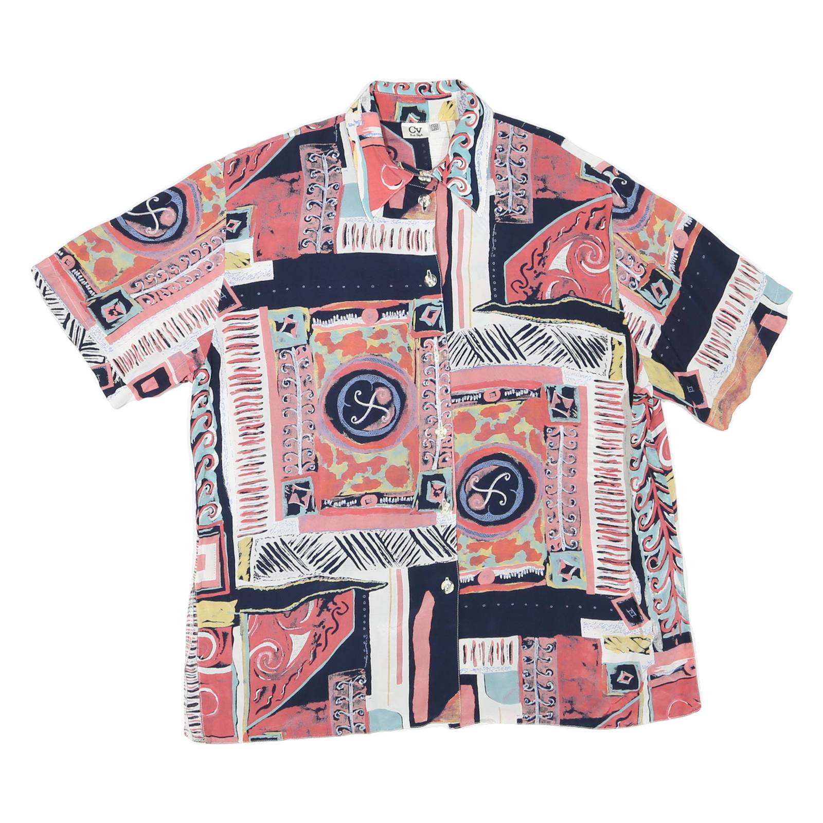 CV Womens Navy & Coral Artistic Print Shirt XL Button Down Short Sleeve Summer
