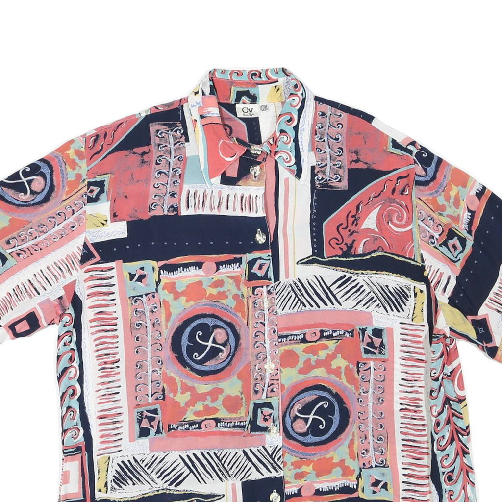 CV Womens Navy & Coral Artistic Print Shirt XL Button Down Short Sleeve Summer