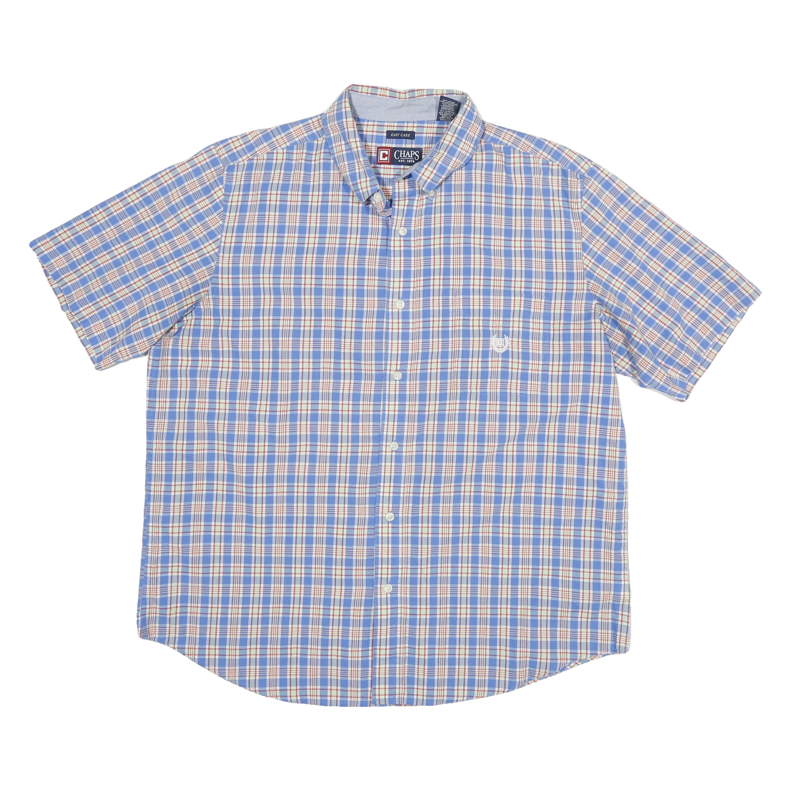 CHAPS Mens Blue & Red Check Shirt XL Button Short Sleeve Cotton Blend Summer