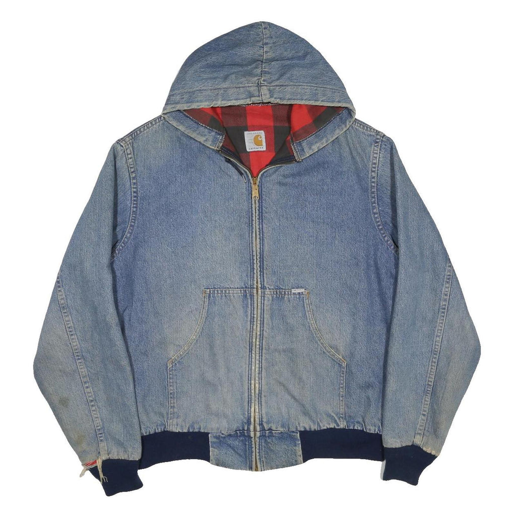 CARHARTT 1980s Plaid Lined Mens Blue Denim Hooded Jacket L Cotton Workwear Zip