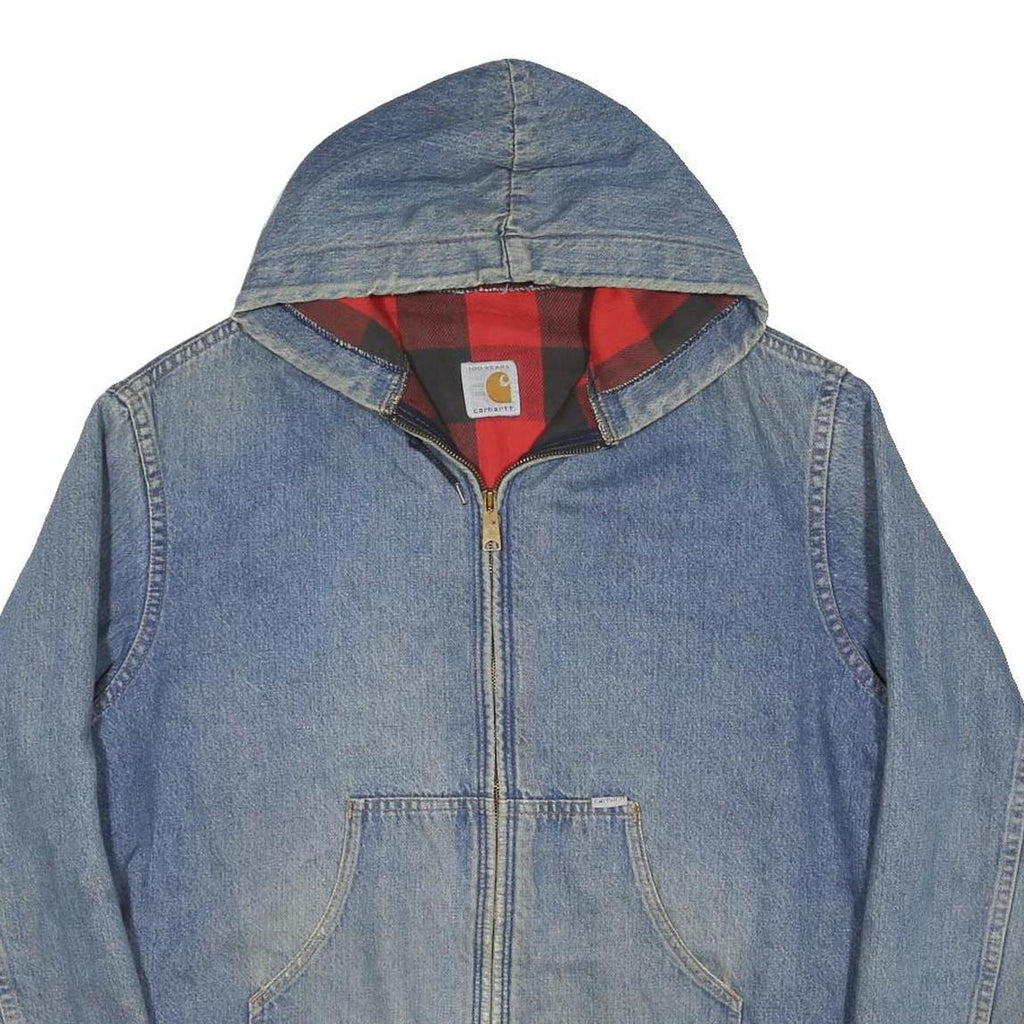 CARHARTT 1980s Plaid Lined Mens Blue Denim Hooded Jacket L Cotton Workwear Zip