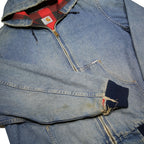 CARHARTT 1980s Plaid Lined Mens Blue Denim Hooded Jacket L Cotton Workwear Zip