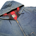 CARHARTT 1980s Plaid Lined Mens Blue Denim Hooded Jacket L Cotton Workwear Zip