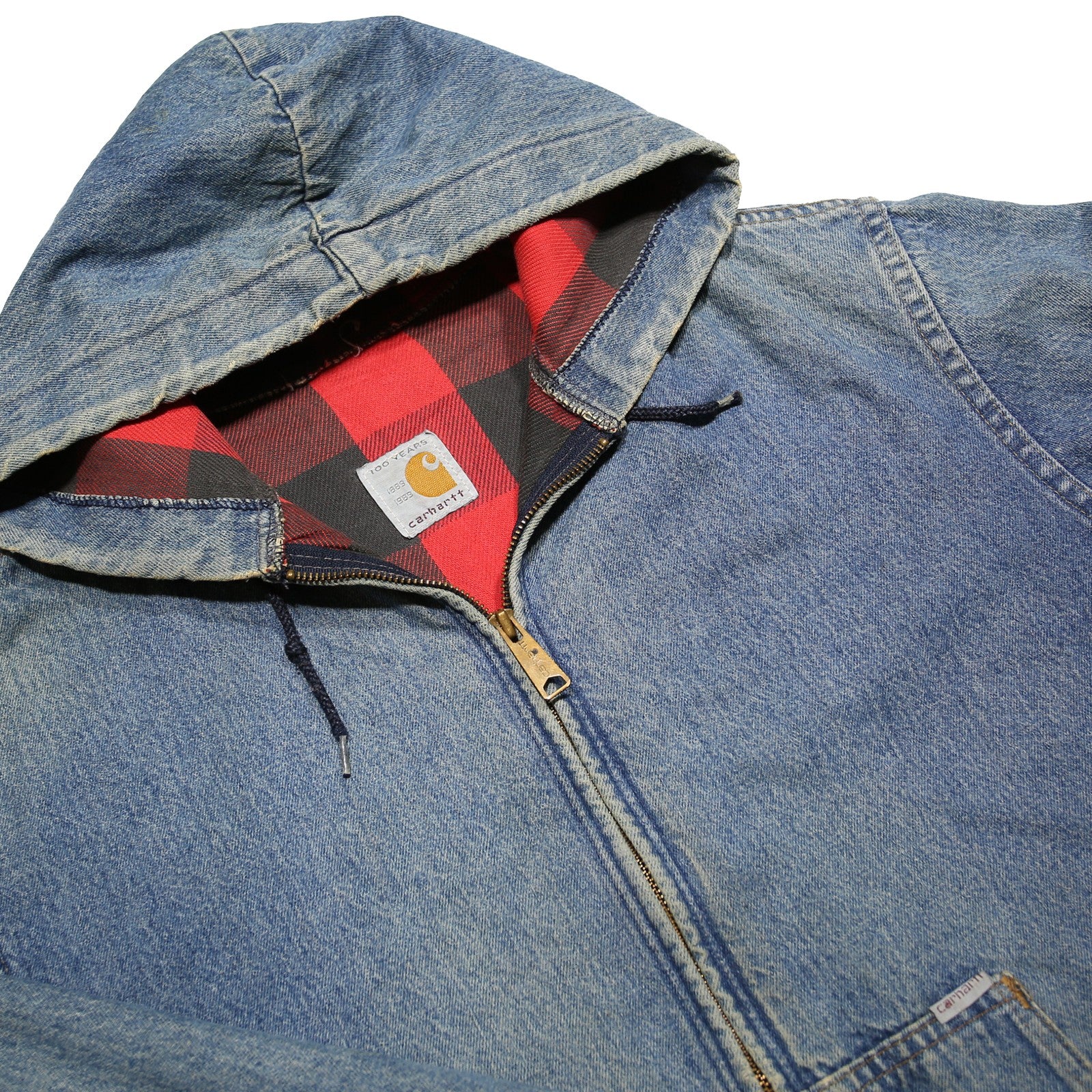 CARHARTT 1980s Plaid Lined Mens Blue Denim Hooded Jacket L Cotton Workwear Zip